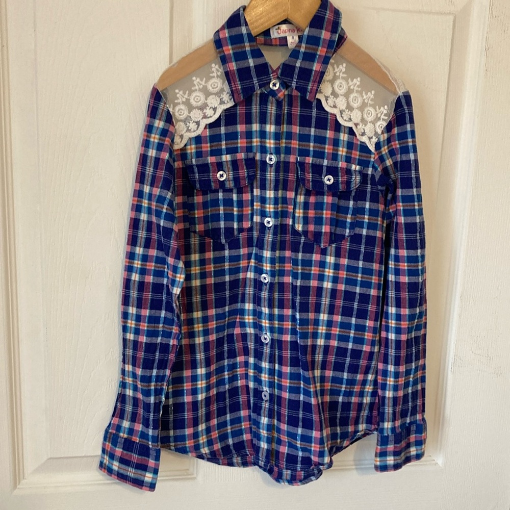 EUC Japna Kids Lace & Flannel Button Down Shirt Sz8